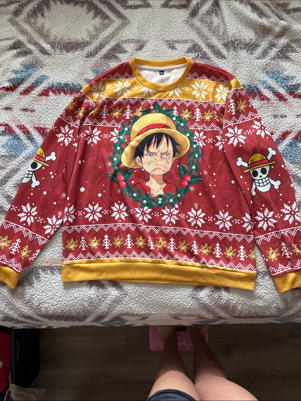 Source Unknown Red and Yellow Luffy Holiday Crewneck Sweater - Men